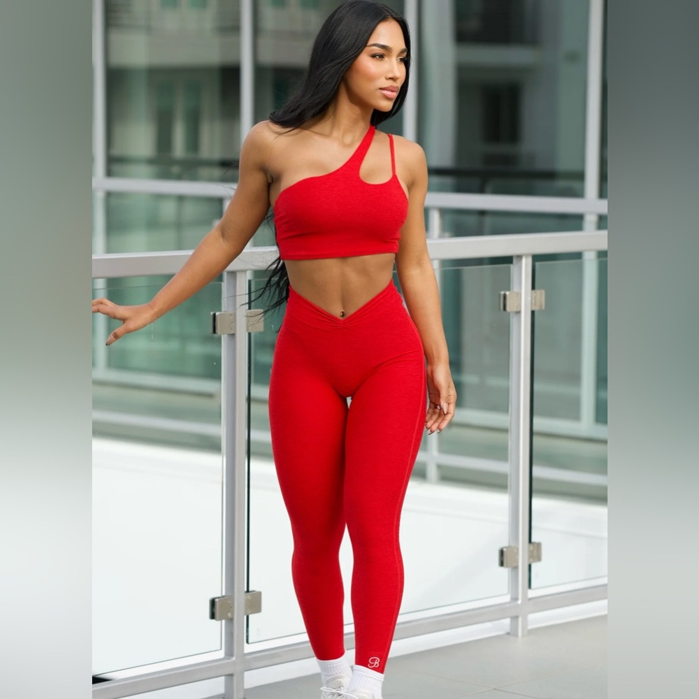 Bombshell Sportswear Red One-Shoulder Crop Top & High-Waist Leggings Set